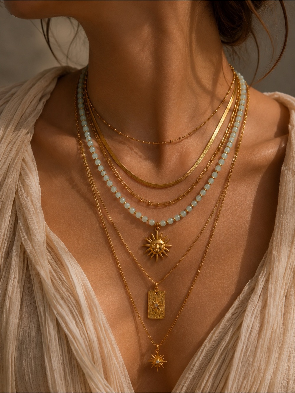 Golden Sun Pendant Necklace with Pale Aqua Beads - Picture 5 of 8